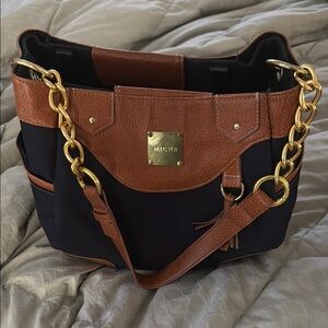 Lot of 2 Miche Black and Blue Shoulder Bags with Gold and Silver Chain Accents